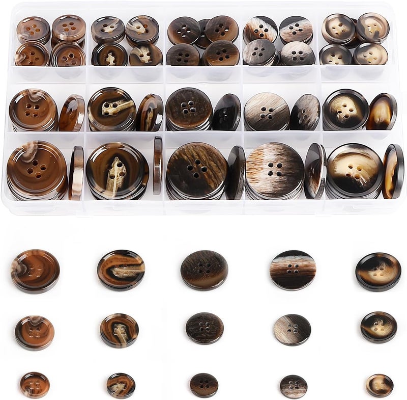 OELFFOW 110Pcs Brown Patterned Mixed Sewing Buttons, 4-Hole Craft Round Blazer Buttons, 5 Color 3 Size (15mm, 20mm, 25mm) Suit Coats Resin Button, for Variety Clothing Sewing, DIY Craft (Brown Patterned) - Image 1